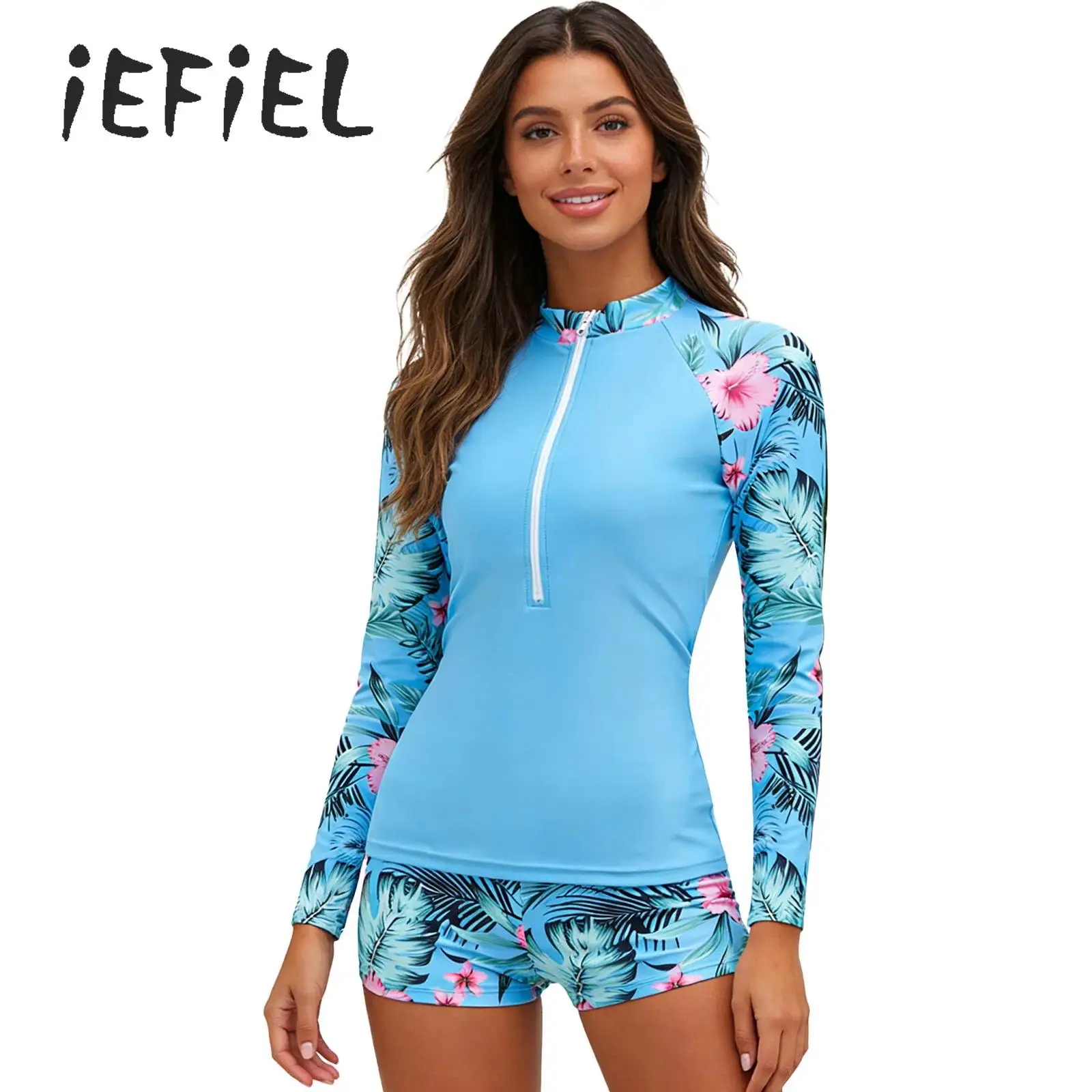 

Women 2 Pieces Swimsuit Floral Print Long Sleeve Half Zipper Swim Top with Swim Bottoms Short Outfit Swimwear for Beach Surfing