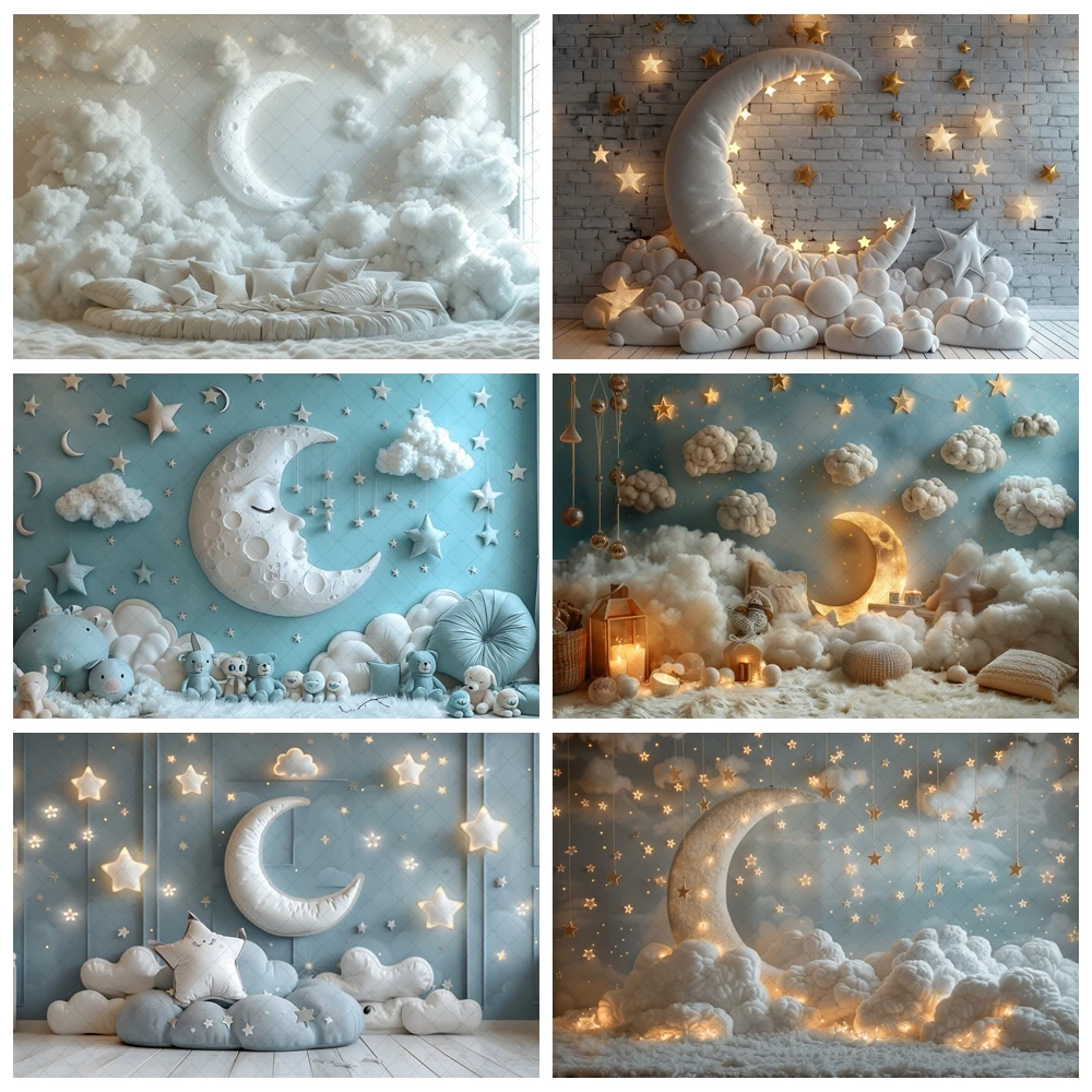 

White Wall Backdrop Photography Moon Stars Cotton Cloud Baby Shower Birthday Party Background Indoor Decoration For Photo Studio