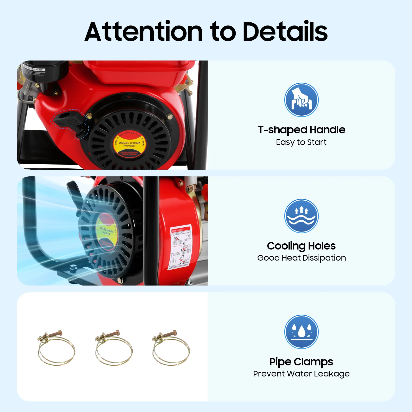 مضخة مياه محرك ديزل 7.5HP 210cc 110GPM ديزل - مضخة مياه مدفوعة مع أنابيب مياه 7.5 متر، لري المزرعة والمياه الميدانية