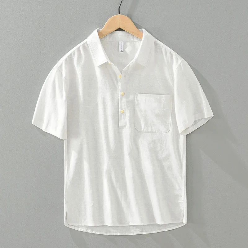 

2024 Men's Cotton and Linen Stone Washed Pullover Shirt Square Collar Short Sleeve Summer Leisure Shirt
