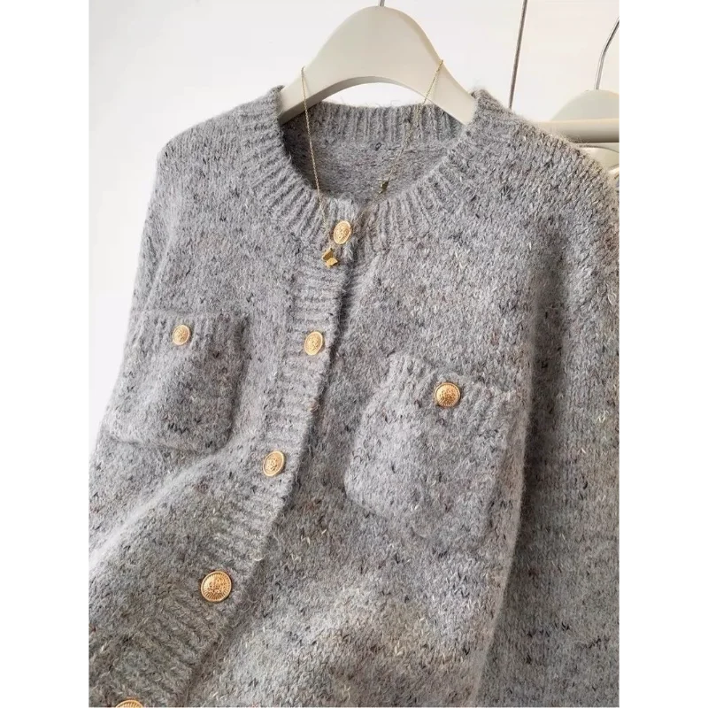 Women's Gray Knitted Cardigan Spring Autumn New Style Lazy Style Outer Wear Fashion High End Sweater Coat Top