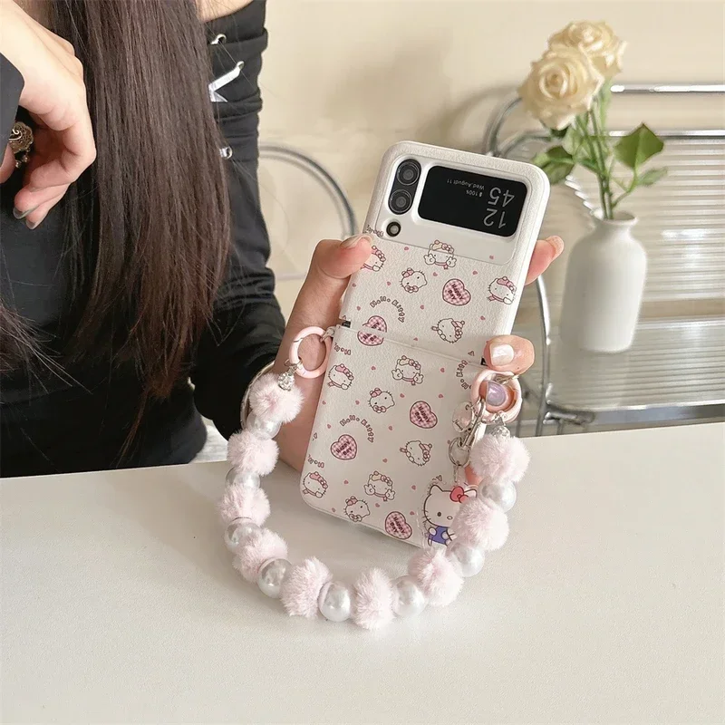 น่ารักการ์ตูน Sanrio Hello Kitty หนังสําหรับ Samsung Galaxy Z Flip 6 5 Hard PC ปกหลังสําหรับ Z Flip 4 พร้อมเชือกเส้นเล็ก