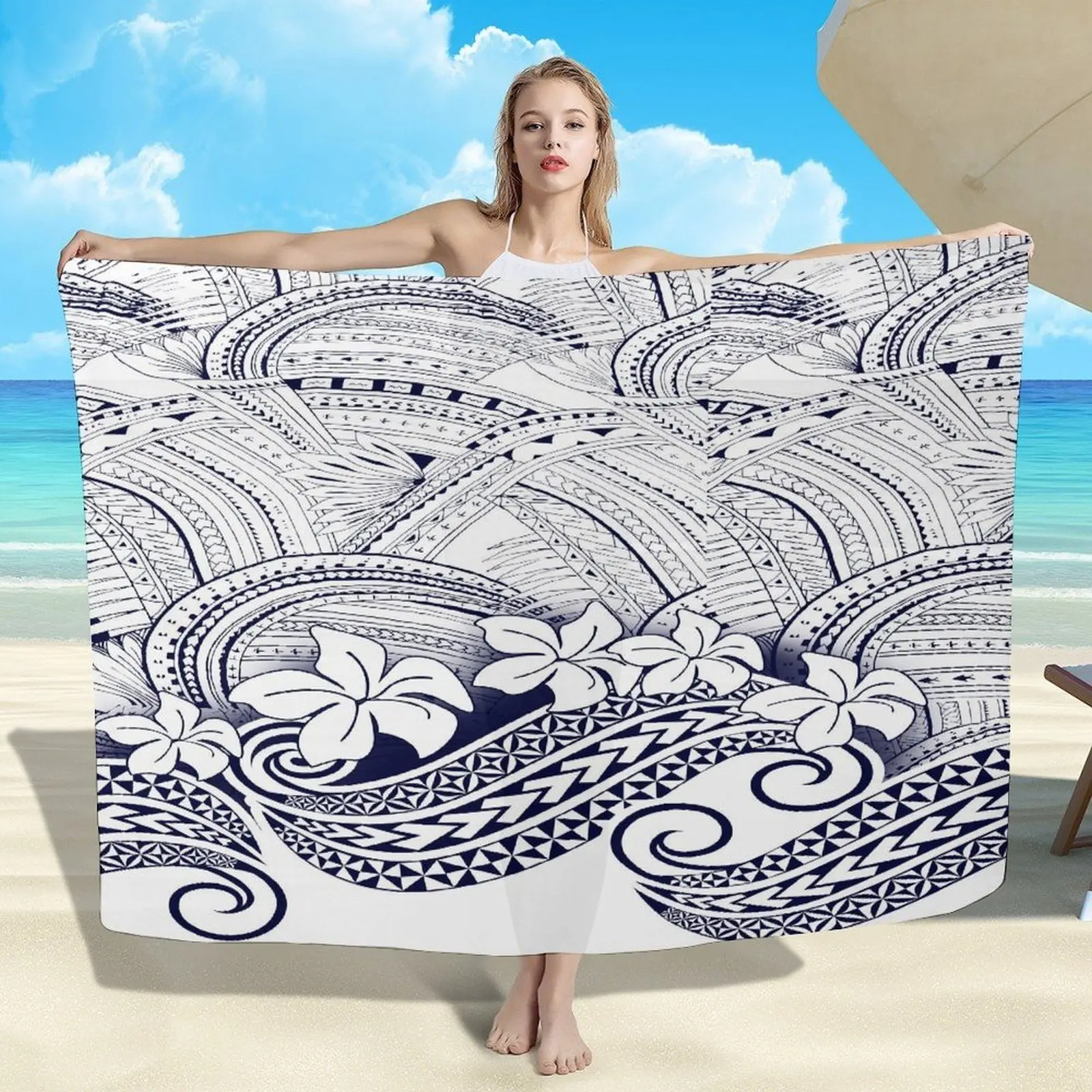 Sarong estampado floral personalizado para mulheres, xale retrô design tribal, avental de praia, sarong macio havaiano, casaco polinésio, verão à beira-mar