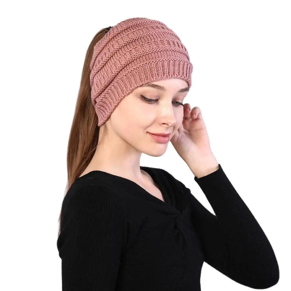 Women Hats Autumn Winter Ponytail Beanie Hat Warmer Solid Color Lady Stretch Knitted Crochet Beanies Hats Cap for Women Skullies