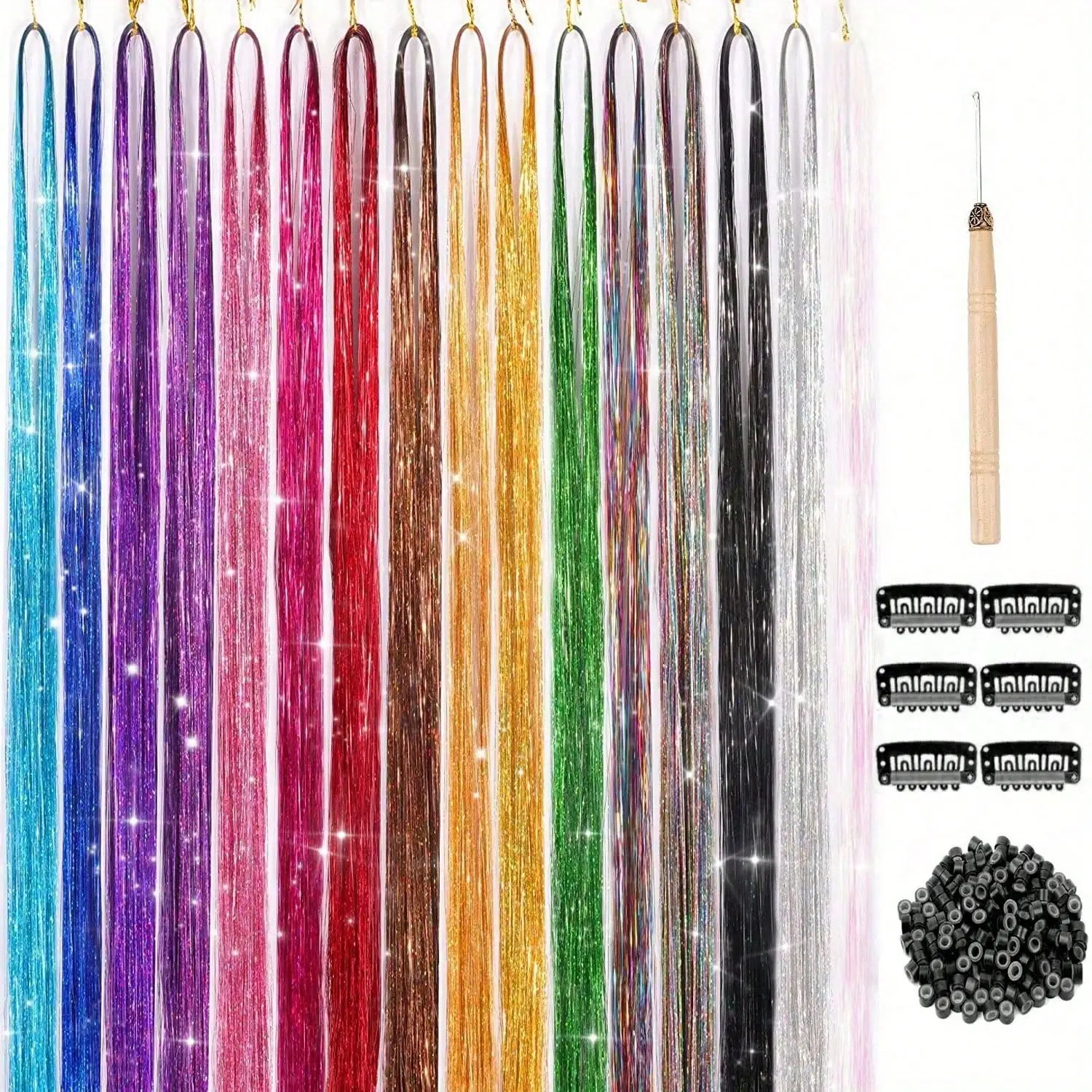 

12 шт., комплект из синтетической мишуры для волос, термостойкая сверкающая блестящая мишура для волос, толщина, 36/48 дюймов, 12 цветов, пряди мишуры, мелирование