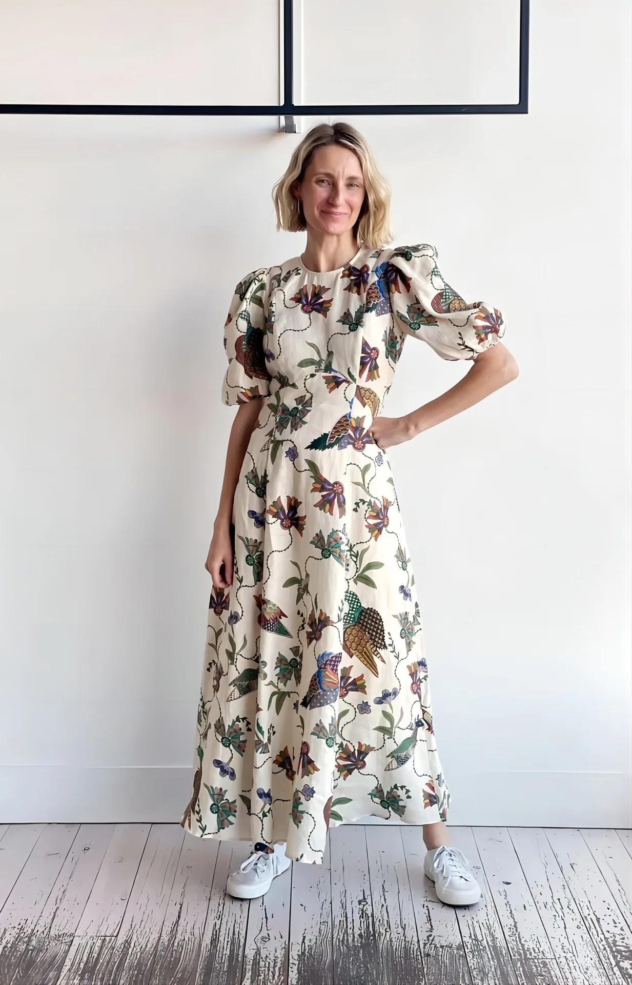 2024 New Personalized Fashion Hundred Birds Print Slim Fit Versatile Dress