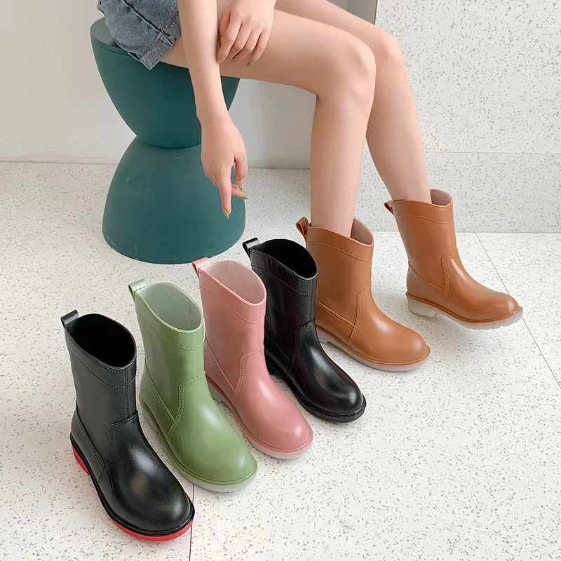 Śliczne różowe damskie buty przeciwdeszczowe 2024 Moda Outdoor Waterproof Casual Women Boot Comfort Slip on Kitchen Work Boots Botas Agua Mujer