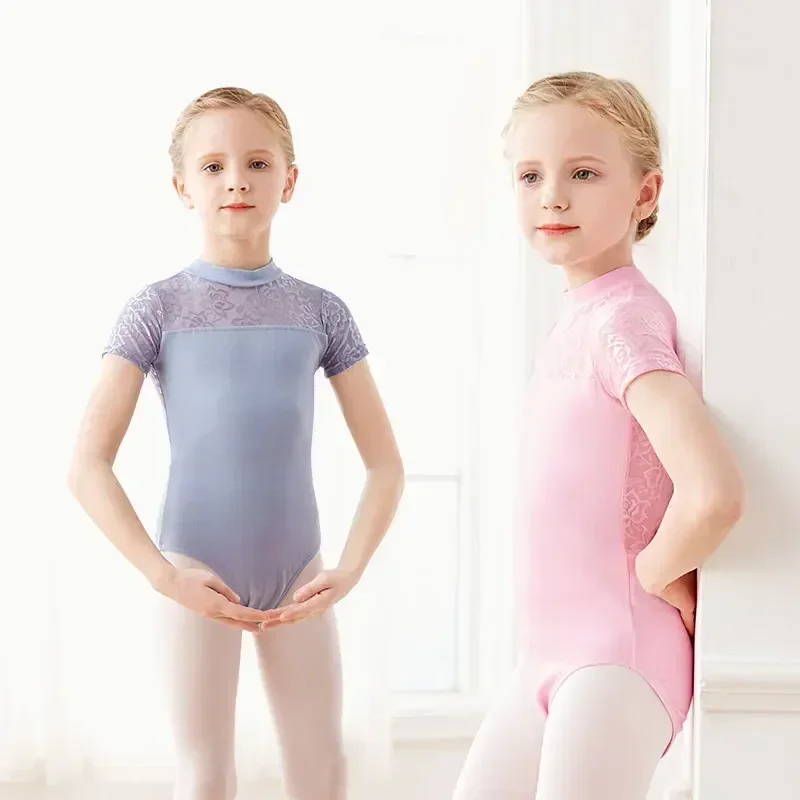 Justaucorps de Ballet pour filles, Costume de danse pour enfants, col montant en dentelle, body de gymnastique, dos nu, manches courtes, maillot de bain pour adolescents