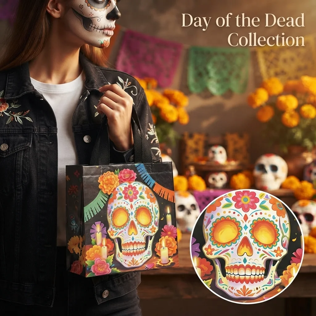 Skull Print Bag Day Of The Dead Themed Handheld Shopping Bag Day Of The Dead Shopping Bag Halloween Themed For Party Props