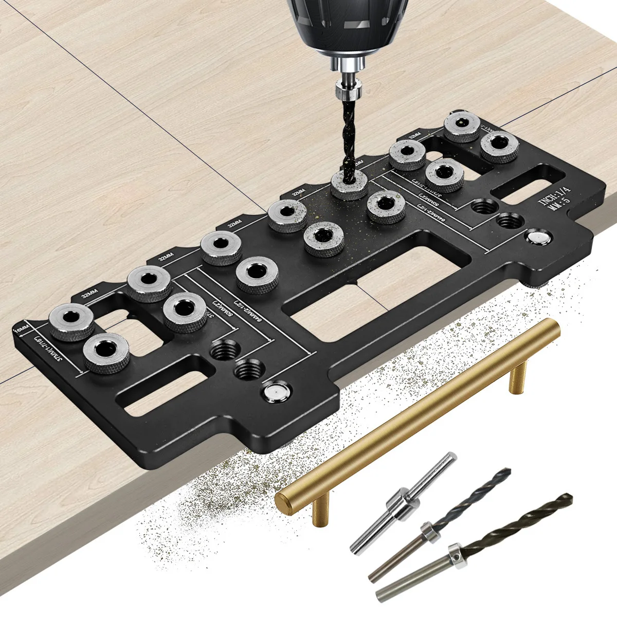 

1 Set Handle Pitch Punch Hole Locator, Shelf Pin Drilling Guide Jig,Aluminum Pocket Hole Jig Kit,Straight Hole Drilling Template