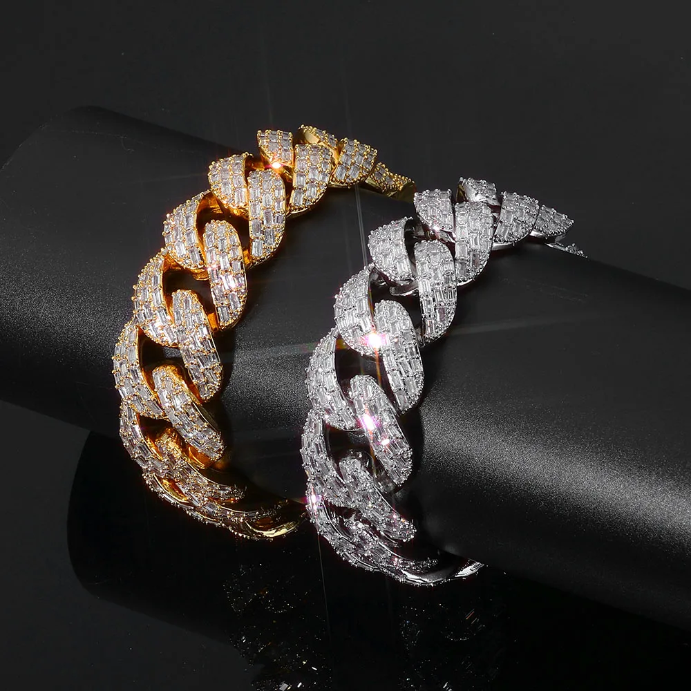 

ESKEEM 20mm 3 Rows Cubic Zirconia Cuban Bracelet Iced Out CZ Baguette Cut Diamond Inlay Thick Chain Hip Hop Fine Jewelry