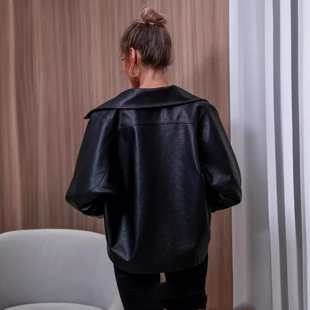 New Fashionable Lapel Black Short PU Leather Jacket Women's Coat Loose Long-sleeved Women's Leather Jacket Coat