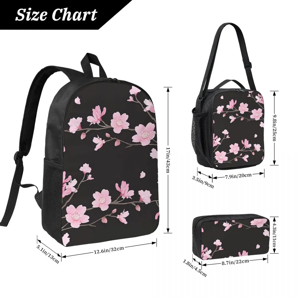 Cherry Blossom Flower Plant Backpack Student BookBag School Bag Computer Shoulder Bags 3ps Insulated Lunch Bag Pencil Case