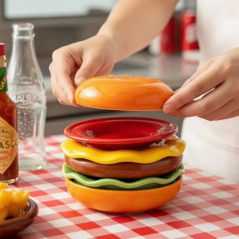 6Pcs/Set  High Value Bone Spit Plate Stackable Hamburger Plate Set Burger 6 Layers Dinner Plate Funny Sauce Containers Table Dec