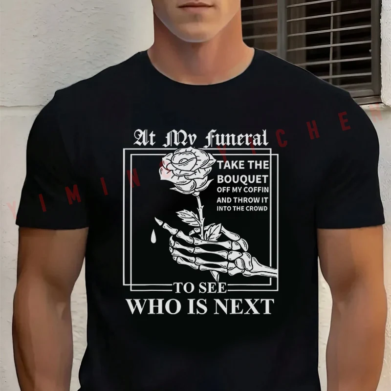 

Men's Summer 100 Pure Cotton Fashion Casual Loose Moto Skeletal Hand & White Rose T-shirt Short Sleeved Top Tees