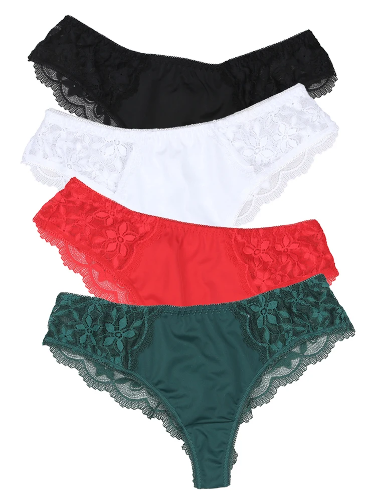 4Pcs Sexy Thongs Ice Silk Bikini Lace Panties Women\'s Brazilian style G-string Ladies Breathable Seamless Low Waist Underwear