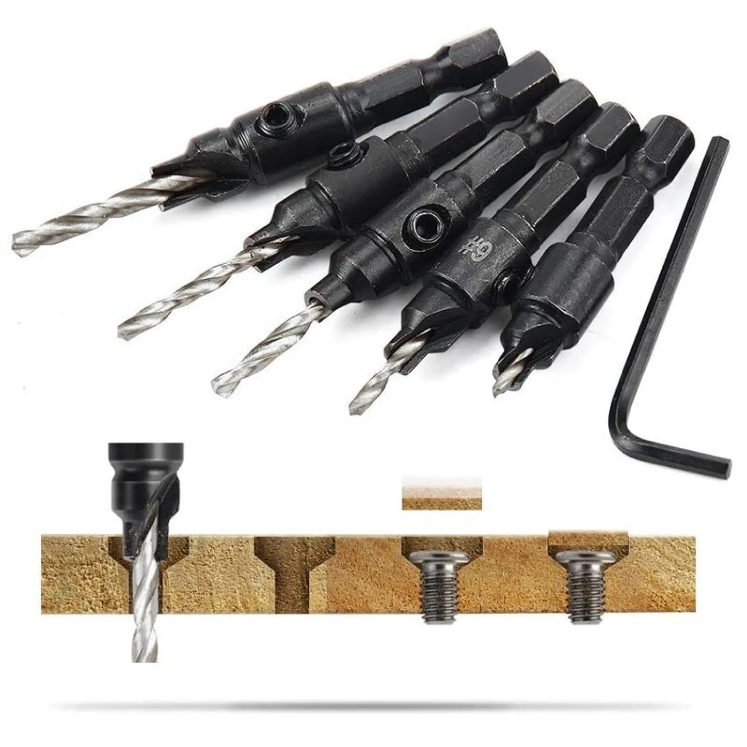 Precision High-Quality Woodworking Set of 5pcs Hexagonal Handle Countersunk Fried Dough Twist Drill - Chamfering Tool for Drilli