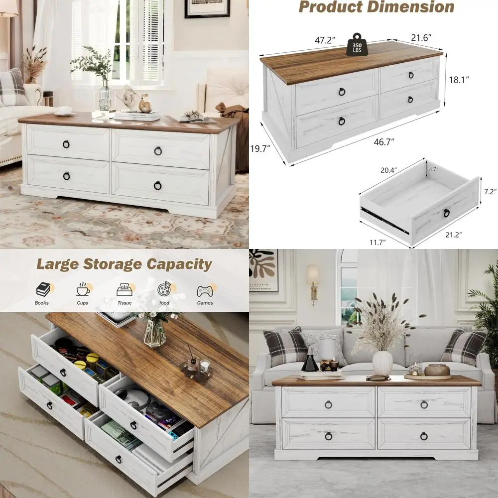 

Rustic Wooden Storage Coffee Table 47 with Drawers for Living Room, Farmhouse Style Centerpiece for Reading and Playing