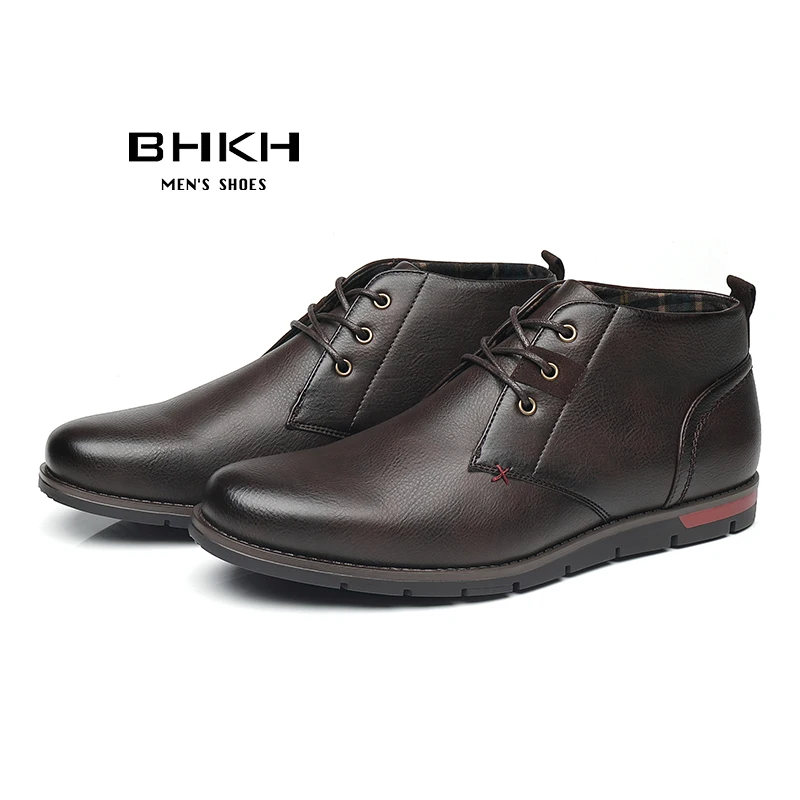 BHKH Ankle Boots Spring/Autumn Men Boots Lace-up Brown Men Pu Leather Casual Boots Chaussure Homme Work Office Shoes For Men