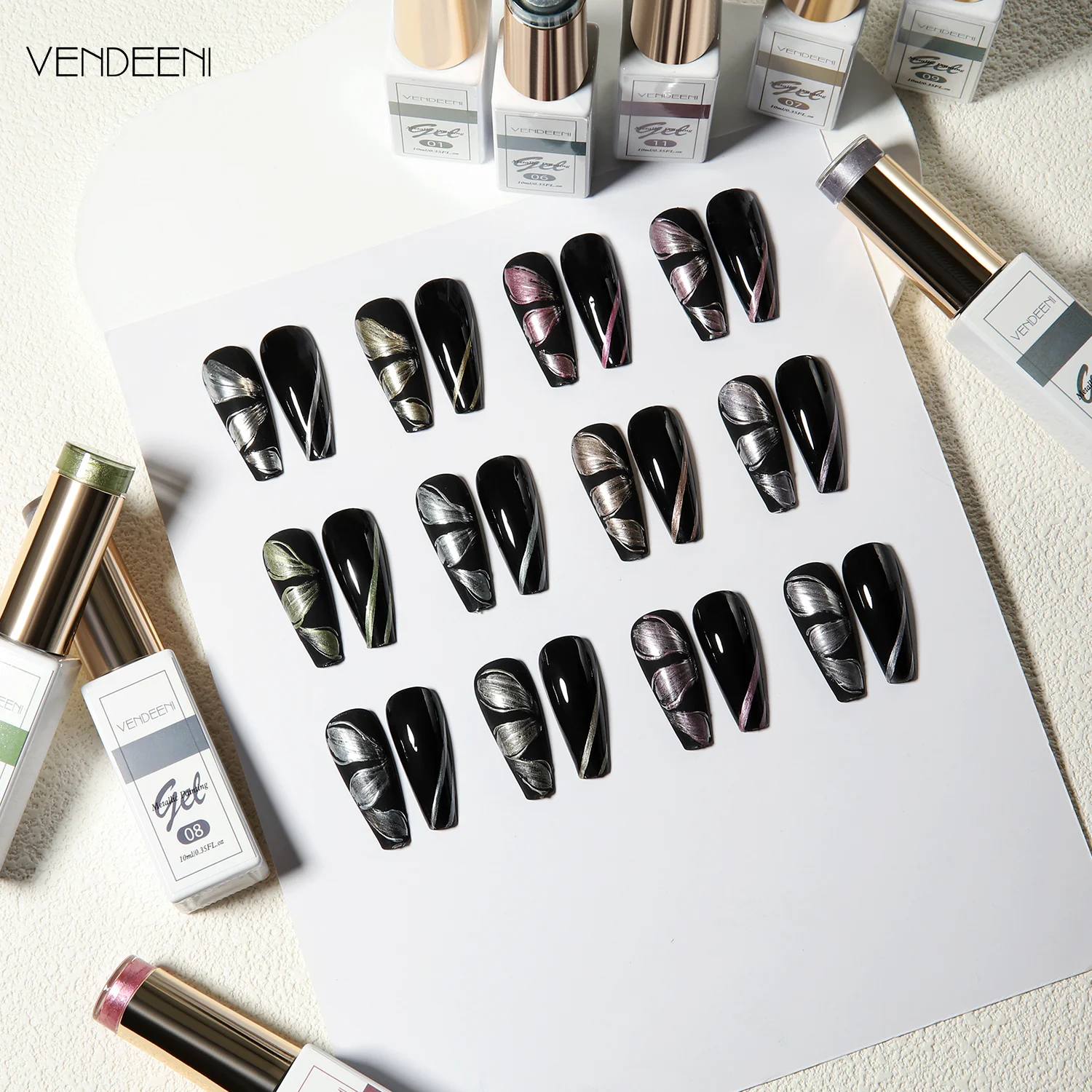 Vendeeni Best Quality Top Material 12colors Metallic Liner Gel Polish Collection 12ml Silver Rose Gold Metal Gel Liner Nail Art