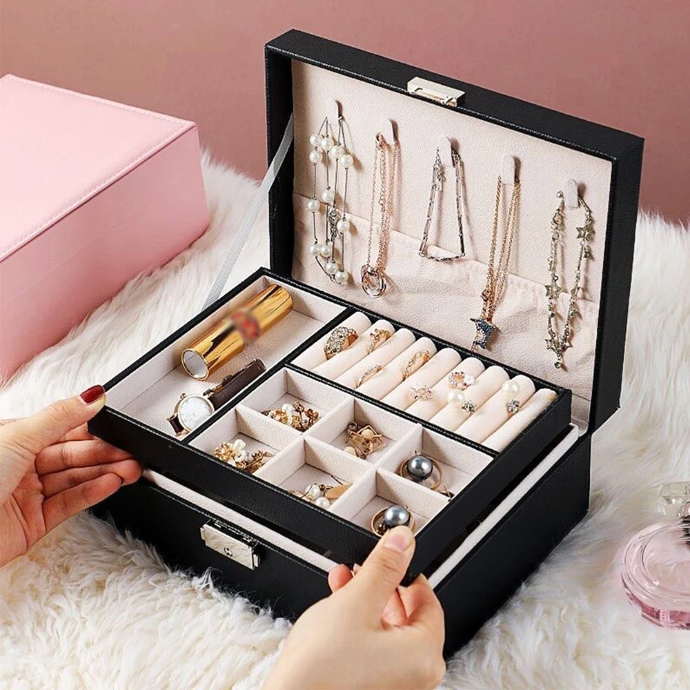 Double-layer Jewelry Box Ring Box Necklace Earring Boxes Packaging with PU Leather Jewelry Storage Organizer Home and Travel