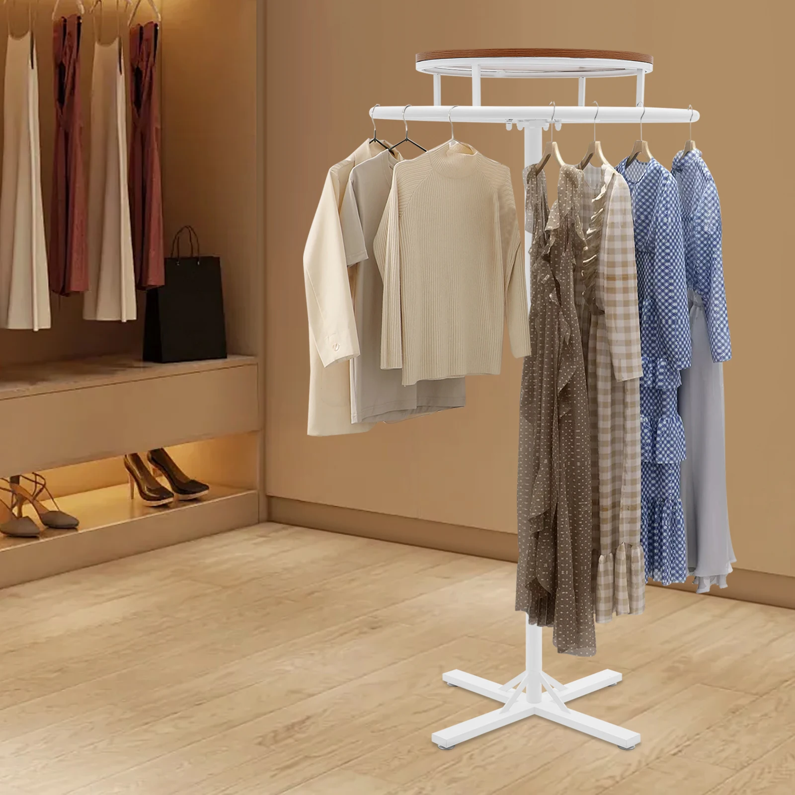 Round Clothing Rack Easy Assembly Clothing Display Rack 50kg Load Capacity Floor-Standing Garment Hanging Rack for Clothing Stores/Boutiques/Children's Clothing Stores/Retail Stores/Homes