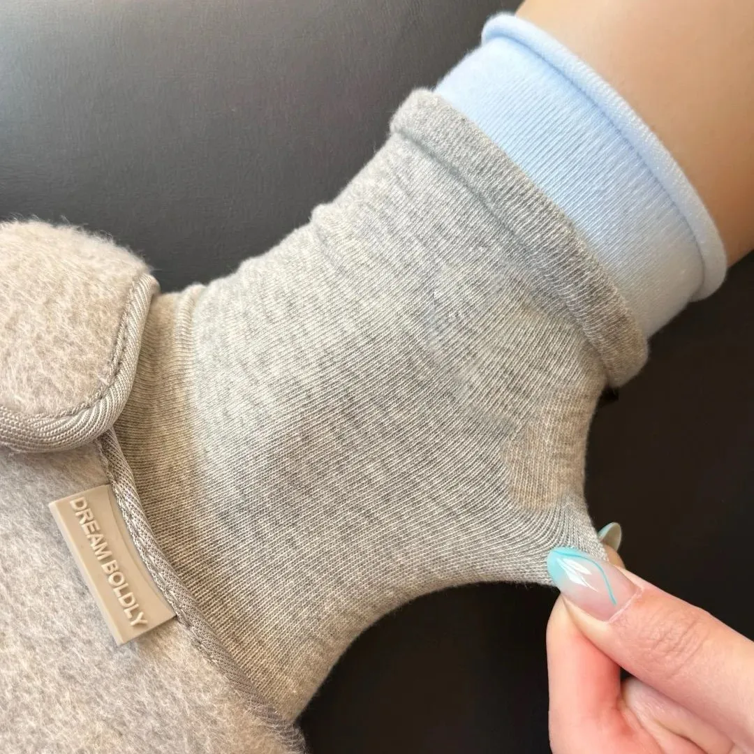 4 пары серо-синих двойных ребристых носков с манжетами для женщин, однотонные носки до середины икры с милой этикеткой медведя