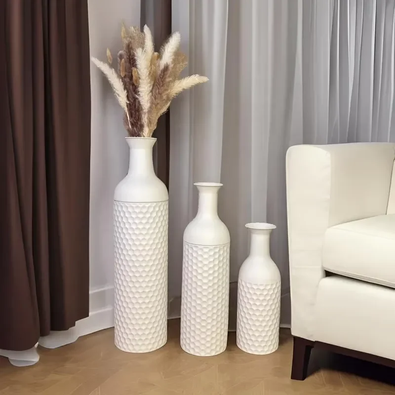 27in Matte White Metal Floor Vase Set of 3 Honeycomb Texture Tall Standing Vases Modern Decor for Living Room