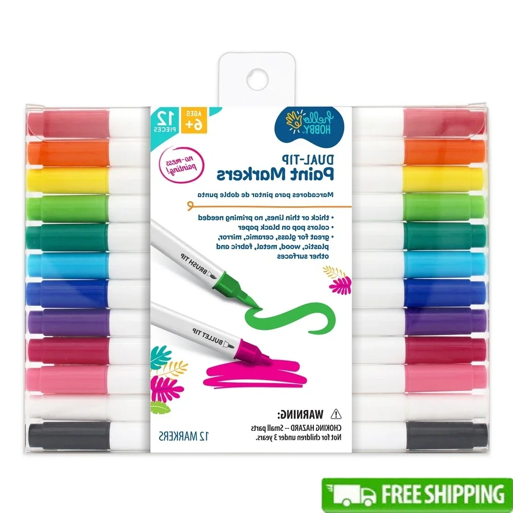 

Acrylic Paint Markers Set 12 Count Dual Tip Fine Brush Bullet Permanent Markers Glass Wood Fabric Metal Stone Paper