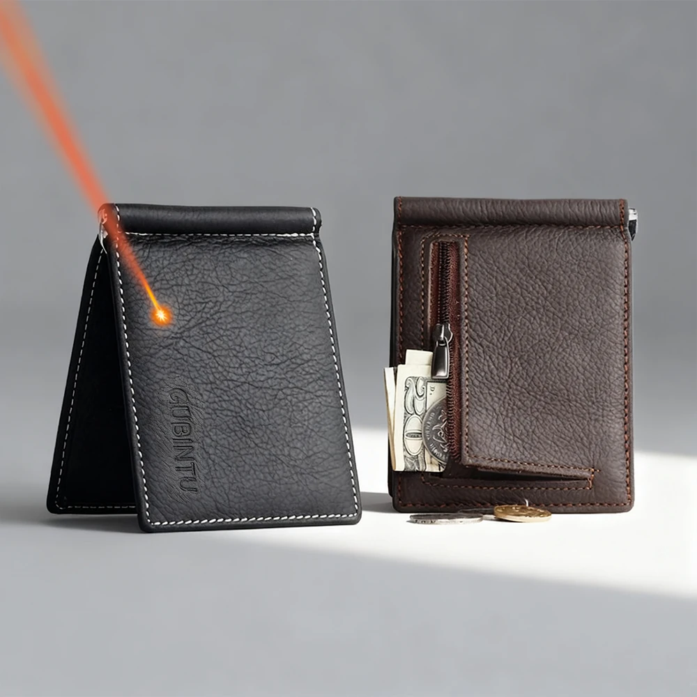 Name Engraving Men Wallets Money Clip High Quality Genuine Leather Zipper Male Coin Purse Vintage Slim Wallets