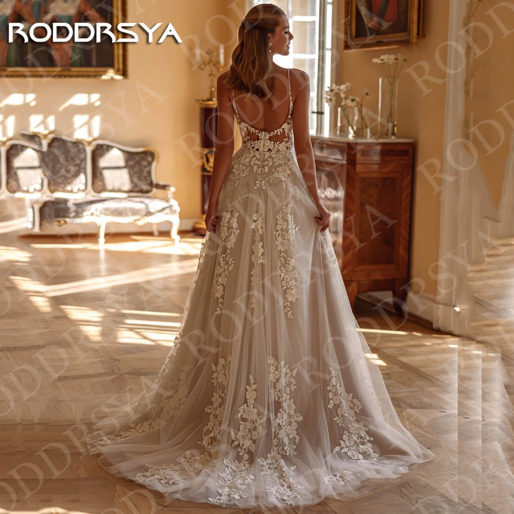 RODDRSYA A Line Tulle Wedding Dresses for Women Elegant Bridal Spaghetti Straps Lace Appliques Open Back Bride Dress Customized