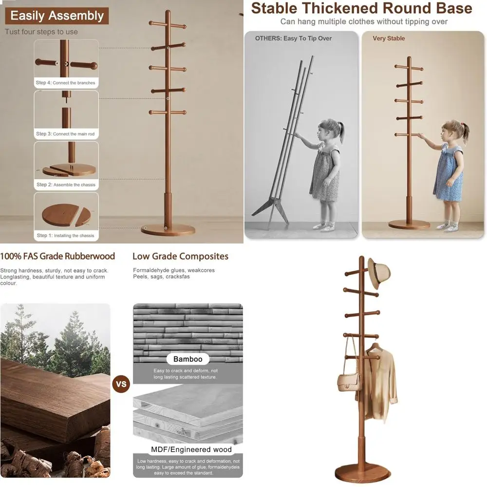 

Напольная вешалка для одежды из массива дерева с 10 крючками и регулируемой высотой для различных аксессуаров, отделка под орех