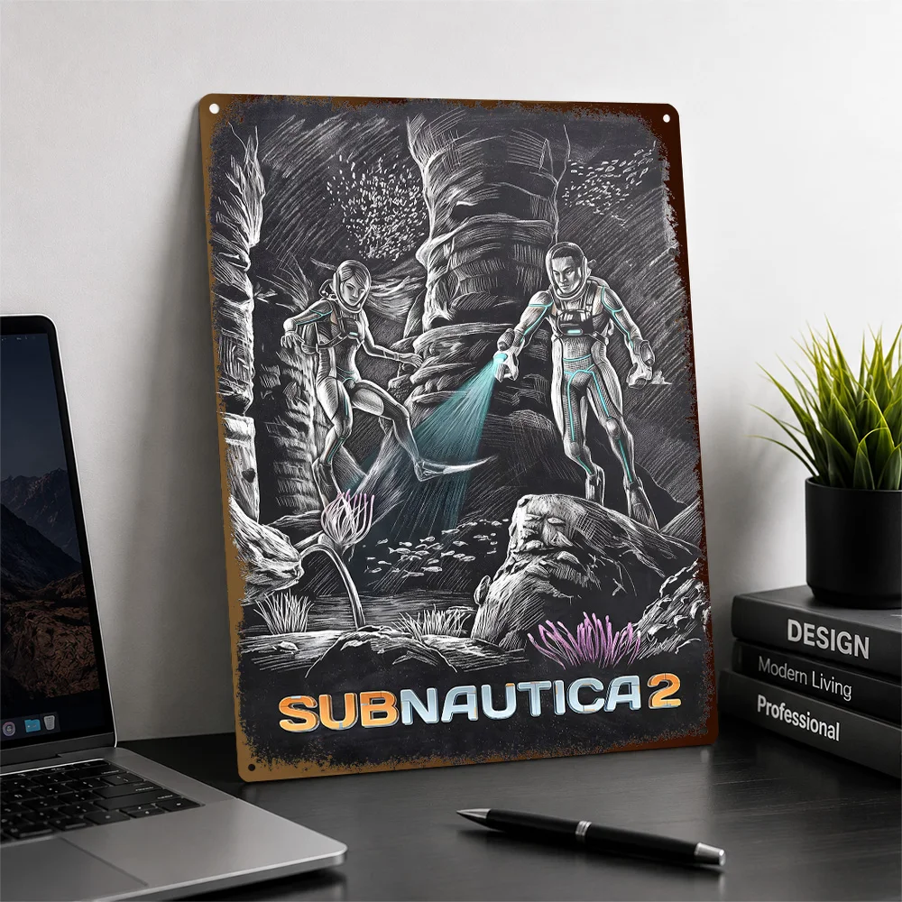 Subnautica 2 Underwater Exploration Team Printed Poster Personalized Metal Sign Cosmic Mission Style Wall Art Media Room Decor