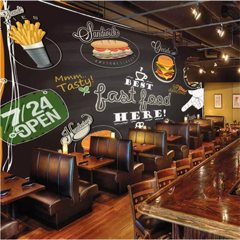 

European pizza dessert shop Colorful graffiti black background mural wallpapers for fastfood restaurant living room home decor