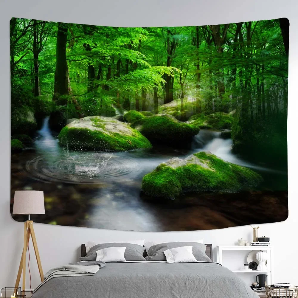 Home decoration 3D printing big tapestry green forest wall hanging natural landscape living room background wall decoration