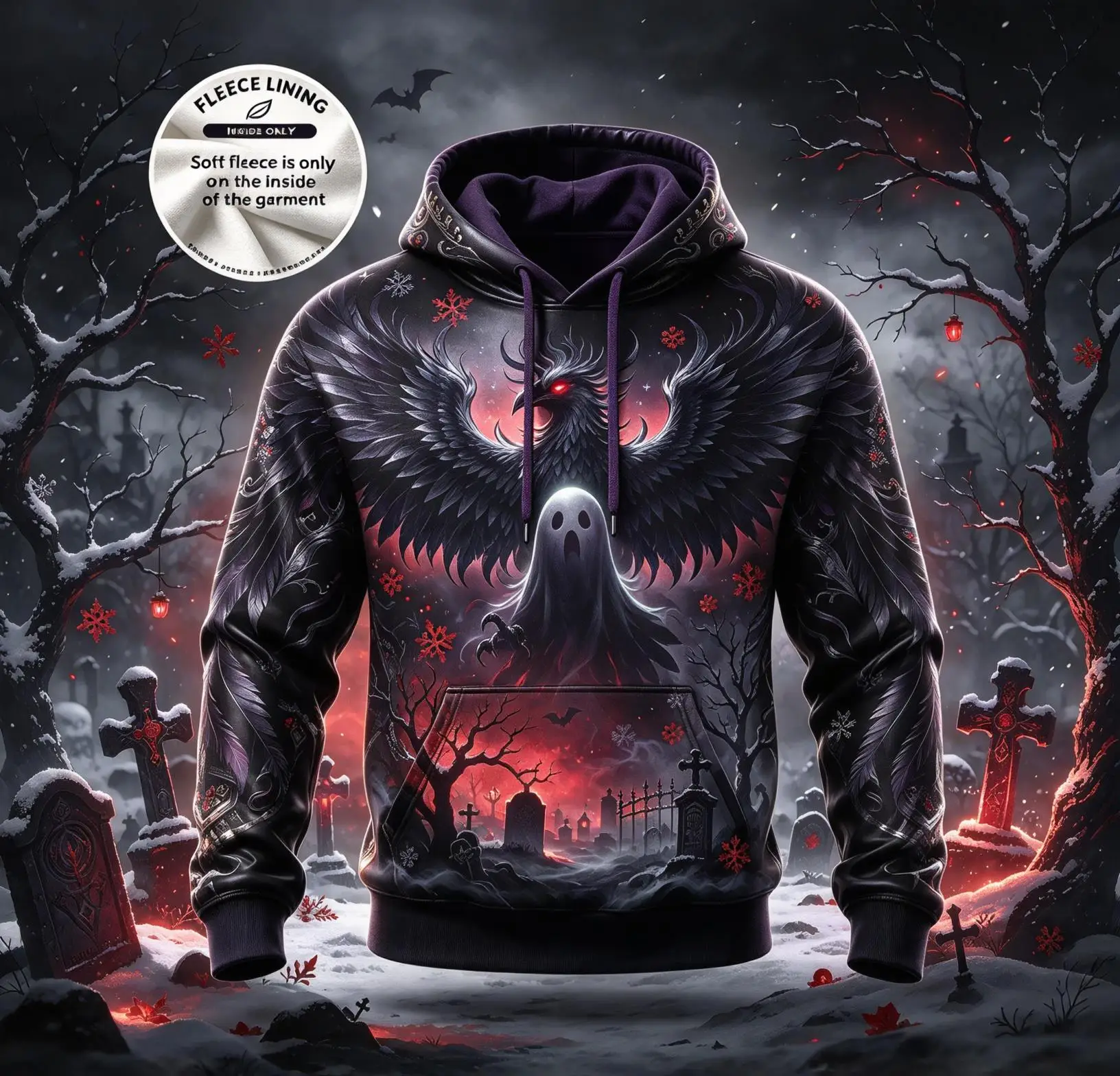 Mens Gothic Raven Ghost All Over Print Hoodie, Halloween Graveyard Dead Tree Sweatshirt, Fleece Lining Hooded Party Top