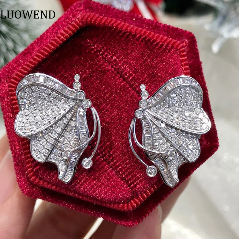 

LUOWEND 18K White Gold Earrings Luxury Butterfly Design 1.3carat Real Natural Diamond Stud Earrings for Women Senior Banquet