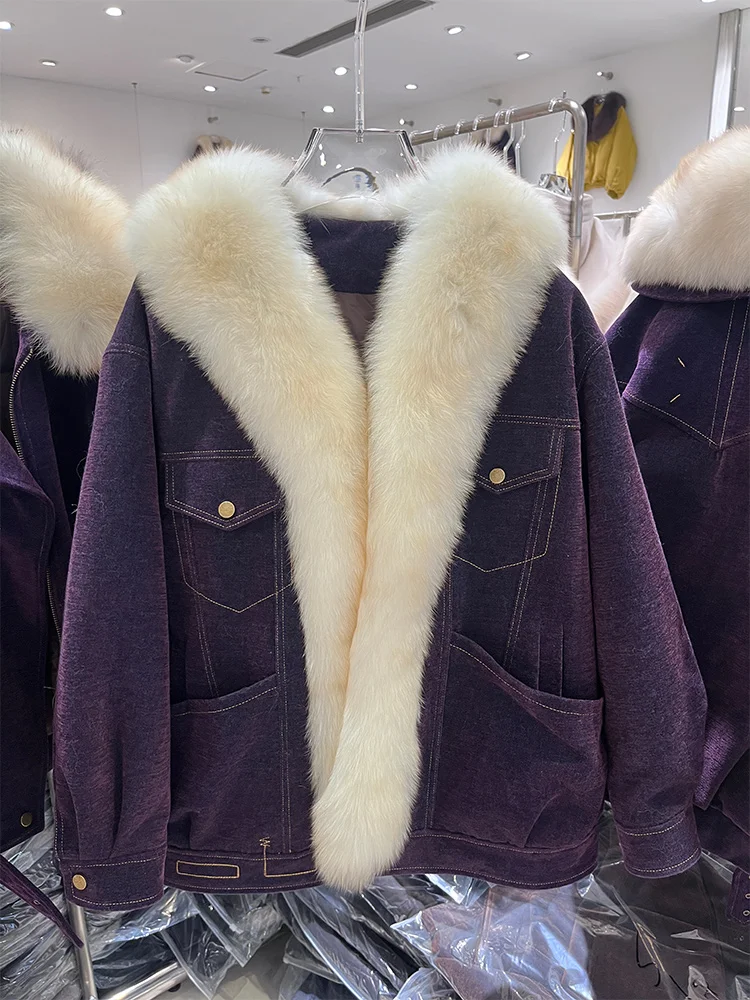 

2025 Fashion Winter Women Natural Fox Fur Collar Coat Cusual Goose Down Jacket Luxury Puffer Jackets Corduroy Parkas Clothing