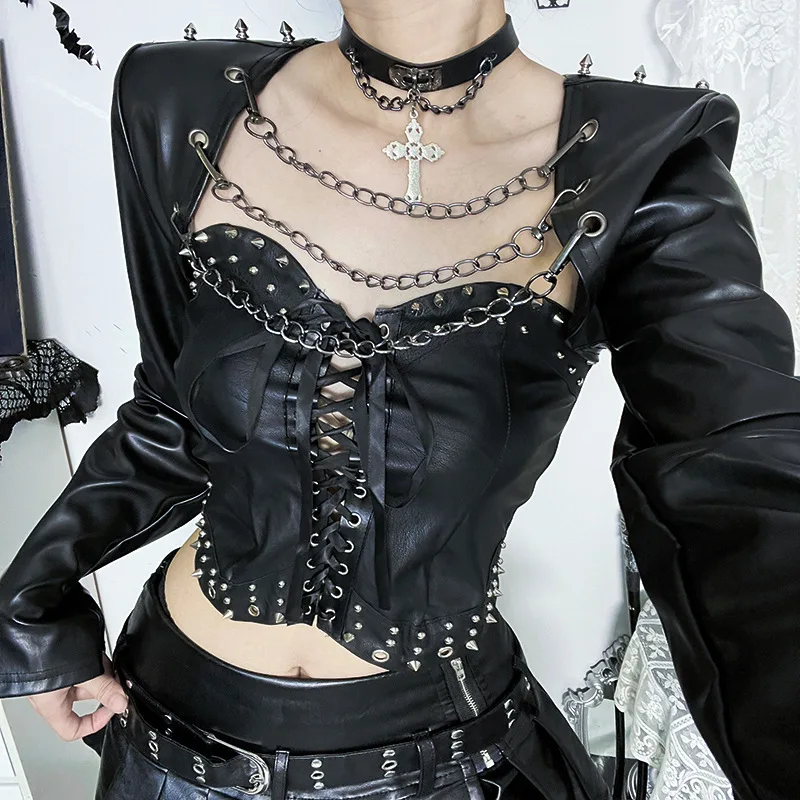 

Gothic Women's Casual Jackets Punk Style Leather Removable Chain Jacket Matching Outfit Subculture Rock Concert Black Short Coat