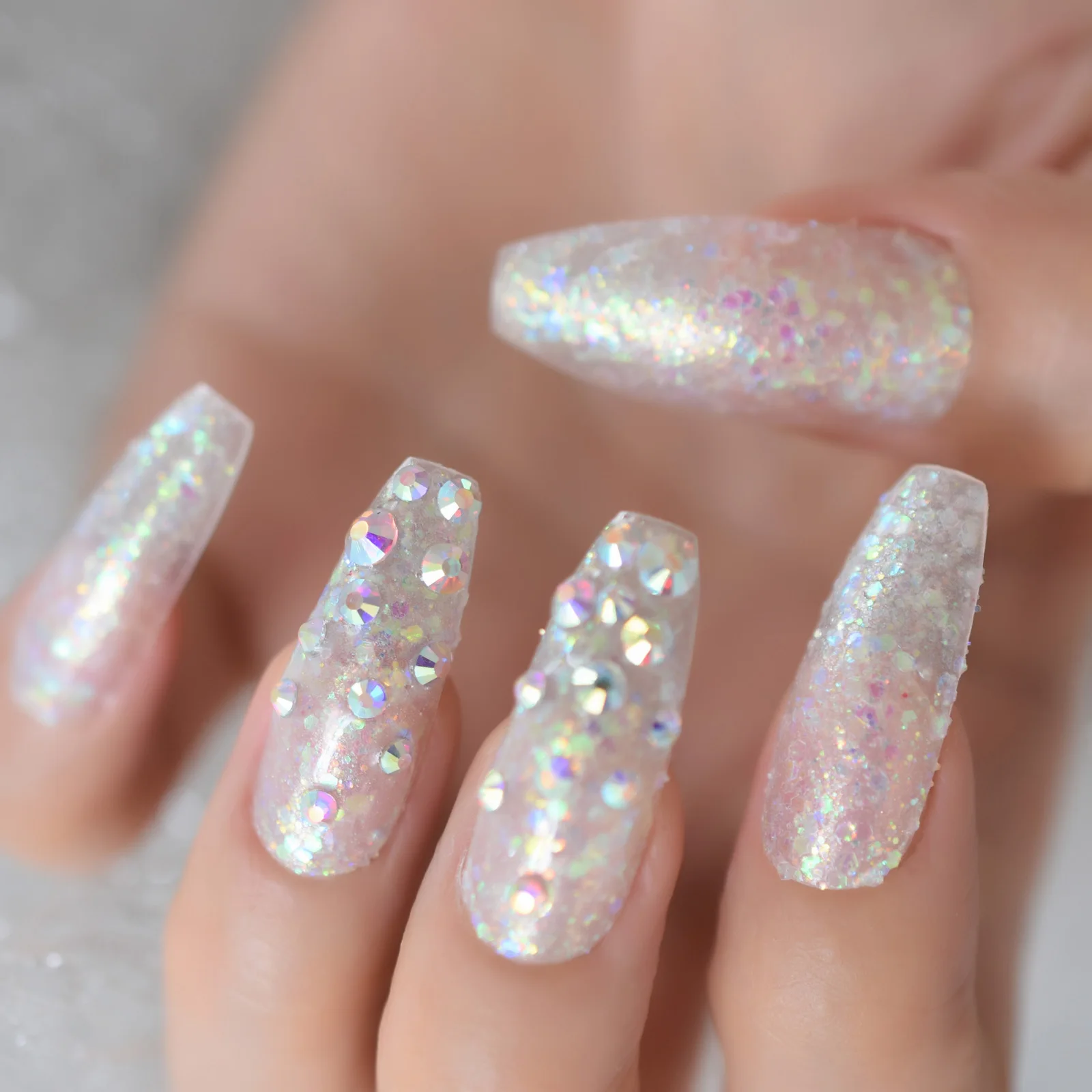 Colorido glitter cristal diamante bailarina francesa imprensa em unhas falsas caixão extra longo uv acrílico dedos falsos prego