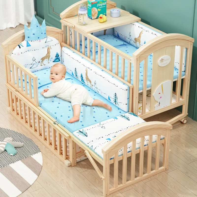 Comfortabel babybedje, massief hout, beweegbaar, met luiercommode en klamboe, multifunctioneel babybedje, in hoogte verstelbaar