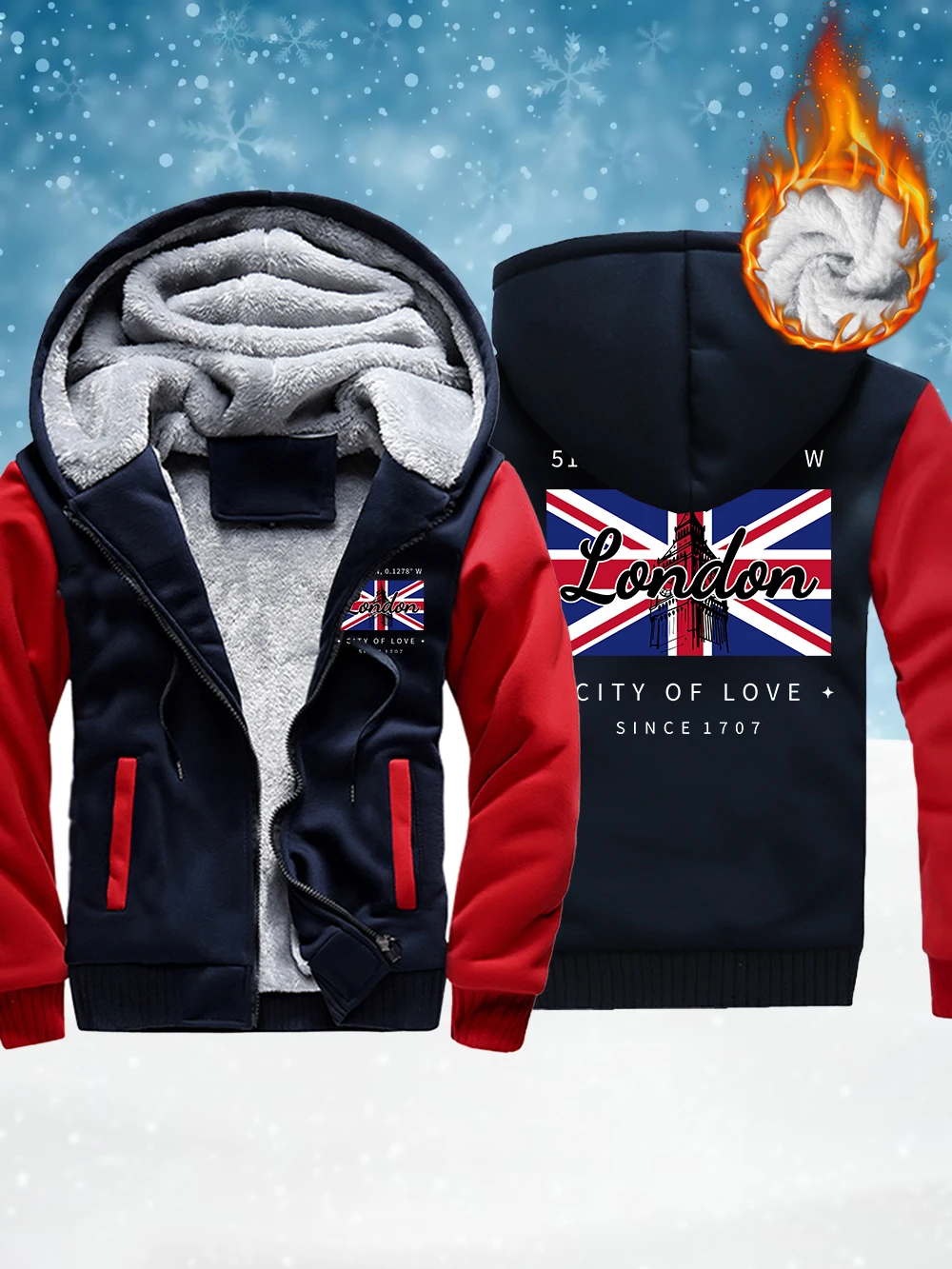 

London City Of Love Flagprinted Men Zipper Jackets Winter Windproof Thicken Outerwear Thermal Fleece Warm Coats Casual Male Tops