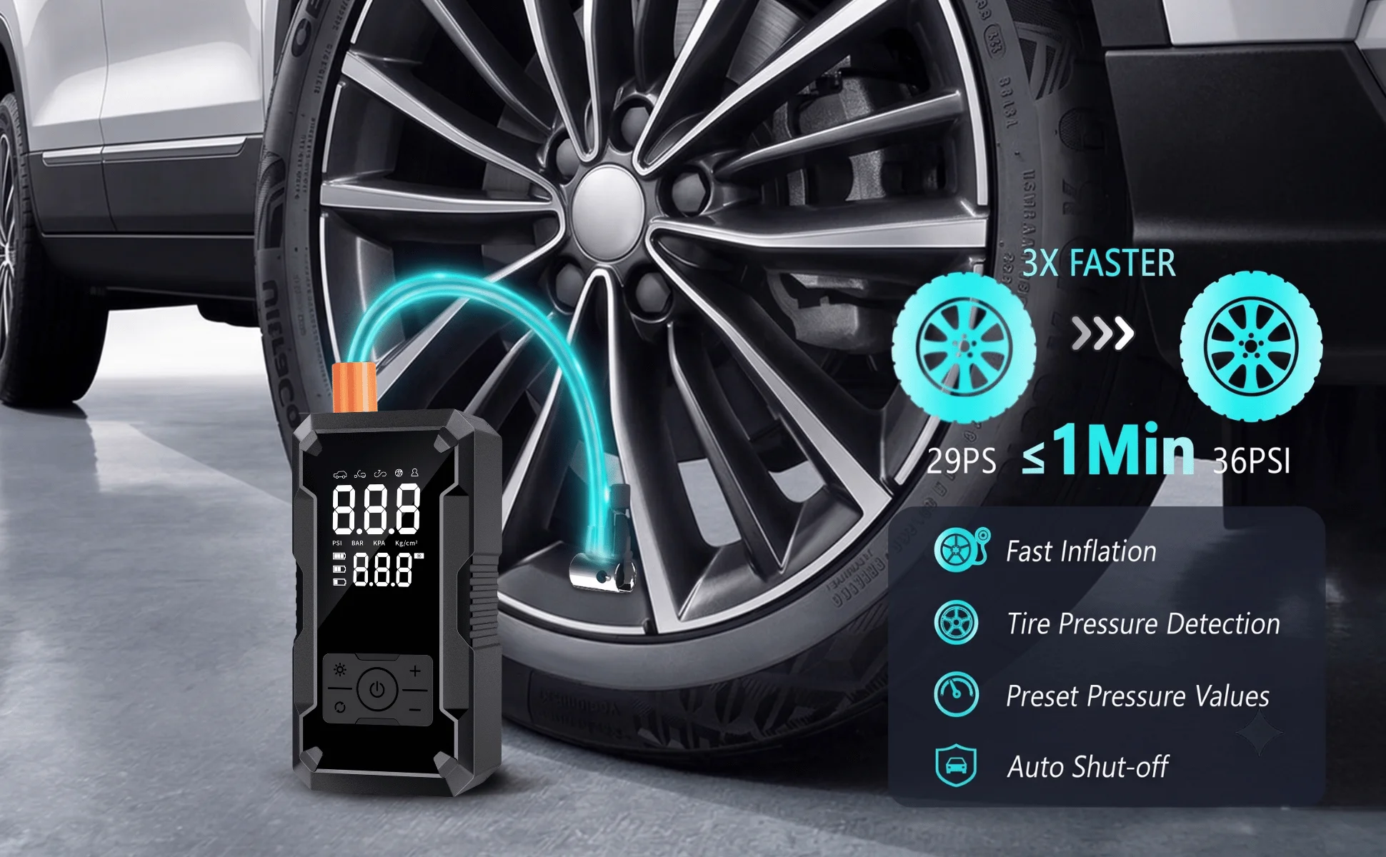 STSCELZ Autoreifenfüller, 150 PSI kabelloser Luftkompressor mit digitalem Manometer, wiederaufladbare tragbare Reifenpumpe – Detail 8
