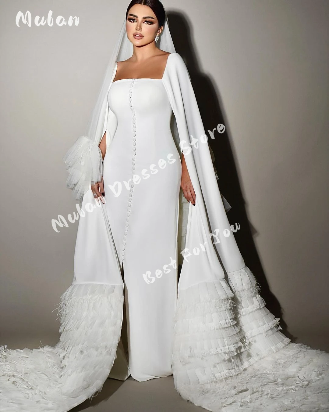 

Gorgeous Long Cape Sleeves Wedding Dresses 2024 Pleated Tulle Feathers Buttons Bridal Gown vestidos de novia