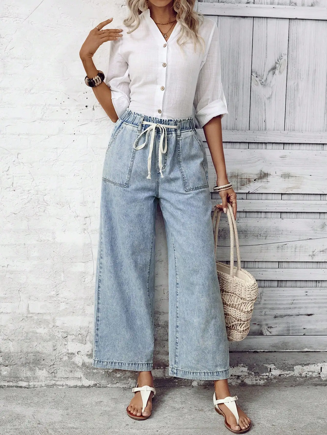 Women's Plus Size Straight Leg Jeans - Adjustable Drawstring Waist Retro Wash Denim with Large Pockets