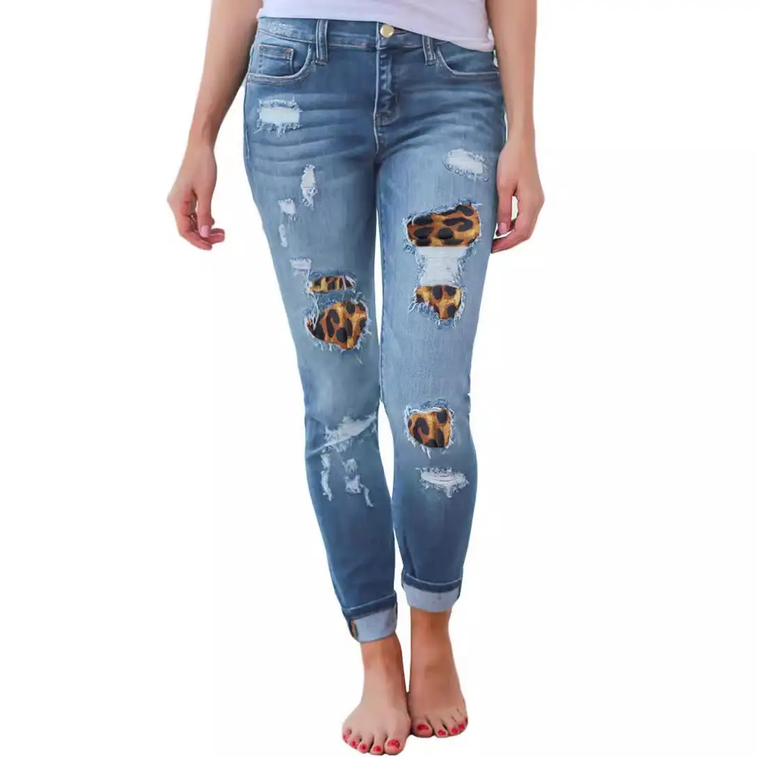

Ripped Elastic Denim Jeans Adhesive Tape Patchwork mid Stretch l Waist plus Size Women's Jeans 206 Winter Collection
