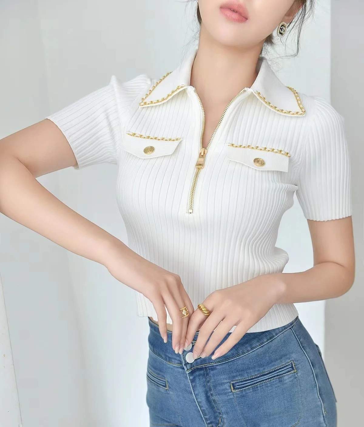 Summer Fashion Slim Knitted Tshirt Sweater Women Stylish Chain Buttons Zip-up Tees Tops Vintage Elegant Chic Ladies Knitwear