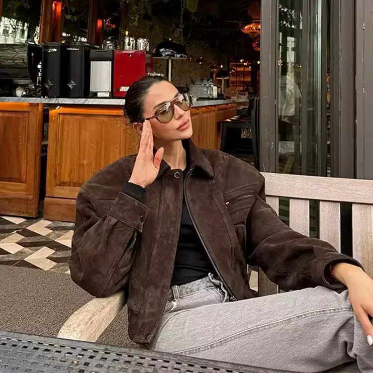 

YENKYE American Retro Faux Suede Motorcycle Jacket Women Front Zipper Long Sleeve Autumn Bomber Coat Lady Loose Outerwear