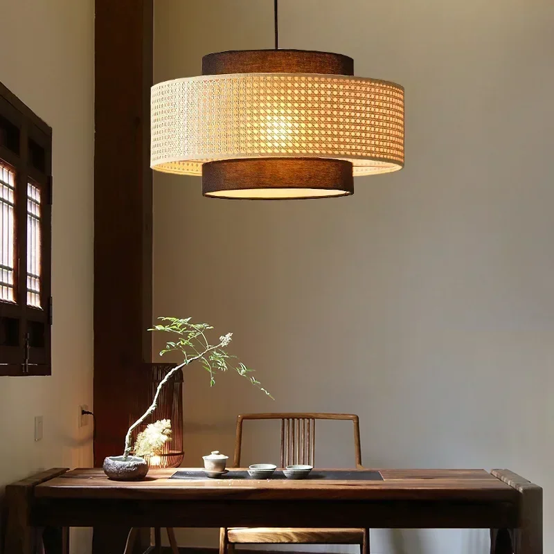 2025 Wabi Sabi Retro Restaurant Pendant Light Handmade Woven Rattan Chandeliers Living Room Pendant Lamp Home Decor Lighting Fix