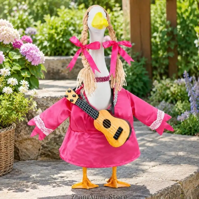 Dreiteiliges Musiker-Kostümset für bestehende Gartenvogelstatue mit Kleid, hellgoldenem Haarteil und Minigitarre 3XUF – Detail 5